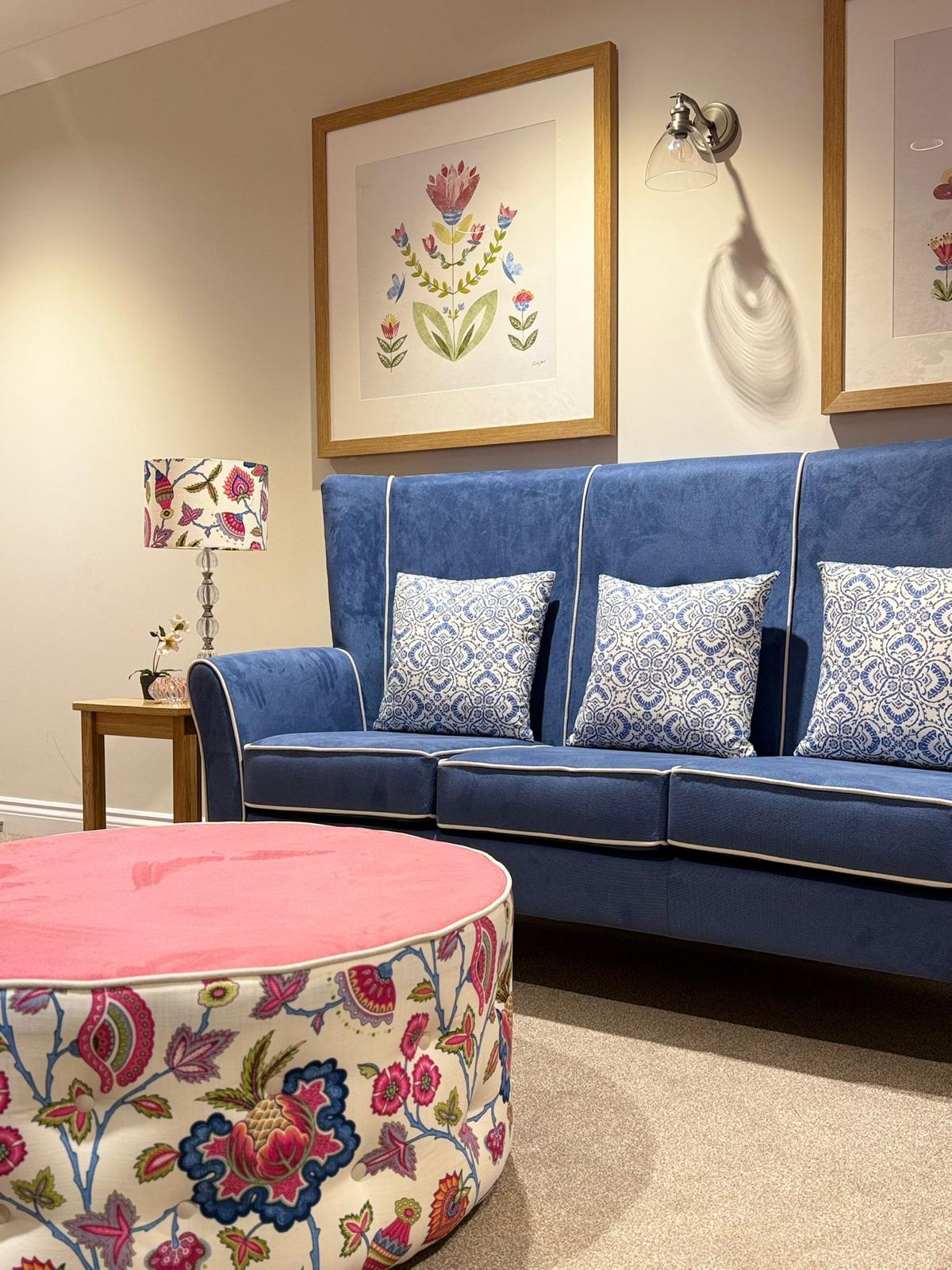 Elegant blue velvet sofa lounge at Oadby Manor